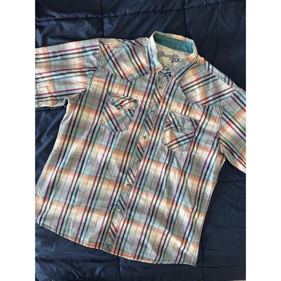 Wrangler® Blue Pink Plaid Short Sleeve Pearl Snap Shirt Size XL - Picture 1 of 9